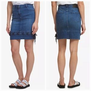 EUC DKNY Womens Denim Lace Up Jean Stretch Pencil Dark Wash Blue Skirt Size 29